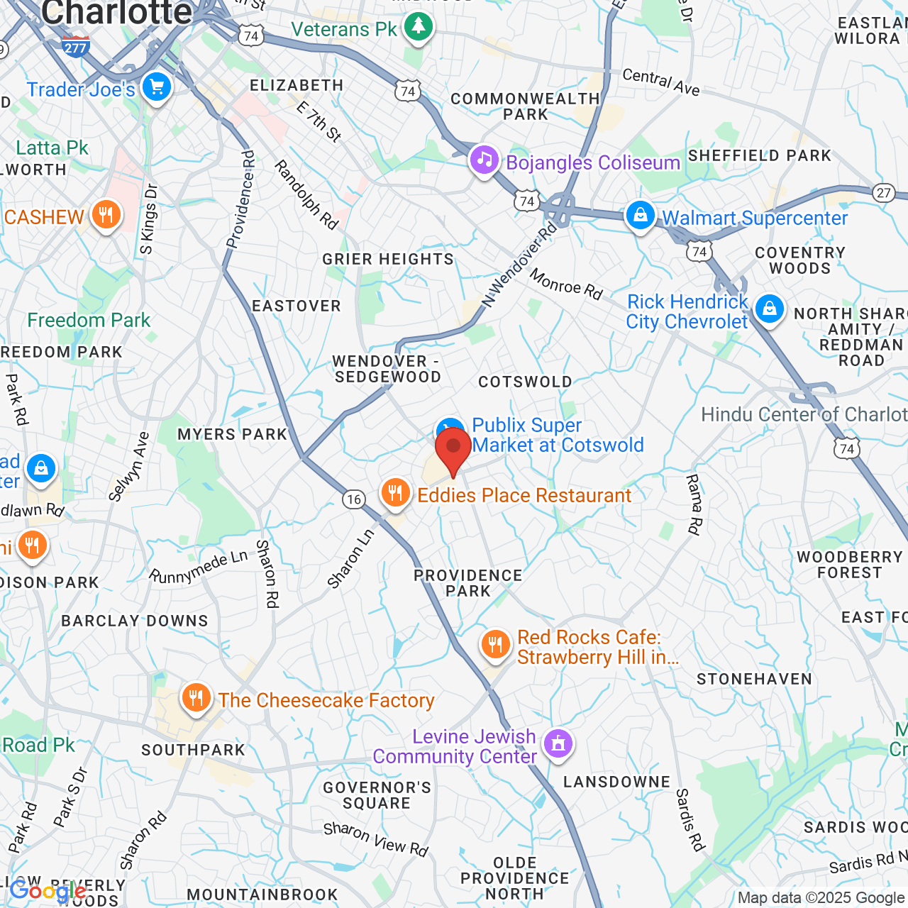 Google map image of our location in 135 S Sharon Amity Rd Charlotte, NC